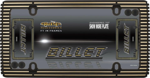 Billet License Plate Frame In Flat Black And Matte Gold With Zinc Die Cast Construction And Rubberized Coating Includes Fastener Caps