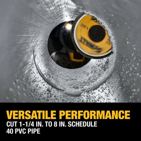 Impact Connect Pipe Cutter for PVC With Diamond Grit Wheel cutting 1-1/4 inch Schedule 40 PVC pipe for versatile performance
