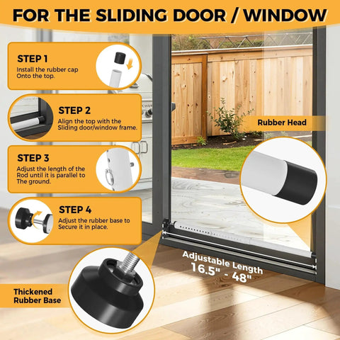 2 In 1 Sliding Door Security Bar, Adjustable From 16.5 To 48 Inches, Inside Window Safety Lock For Home Apartment And Hotel Rooms, Portable Door Jammer, Suitable For Sliding Doors And Hinged Doors, White demonstrating installation steps