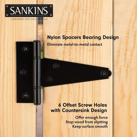 Heavy Duty 4 Inch T Strap Shed Door Hinges Black Powder Coated Outdoor Gate Hinges For Wooden Fences Barn Doors Yard Gates Rustproof Iron 2 Pack Ideal For Fixing Sagging Or Dragging Gates installed on wood