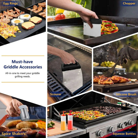 All In One Griddle Accessories Kit For Outdoor BBQ Cooking With Smash Burger Press And Stainless Steel Spatulas For Blackstone Joyfair Flattop Griddle 18 Piece Set With Carrying Bag Basting Cover And More showing various tools on a grill