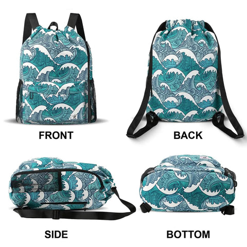 Drawstring Gym And Beach Backpack With Mesh Pockets, Water Resistant And Sandproof, Blue Waves pattern, front, back, side, bottom views