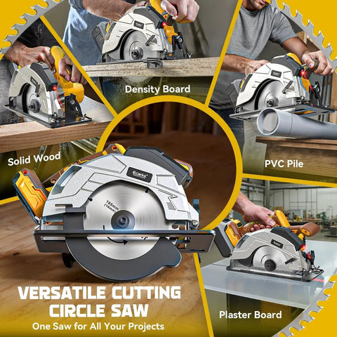 Cordless Circular Saw Seven And A Quarter Inch With Laser Guide, Brushless Motor, Five Thousand RPM, Bare Tool, DeWalt 20V Battery Compatible shown cutting wood, PVC, plaster, and density board.