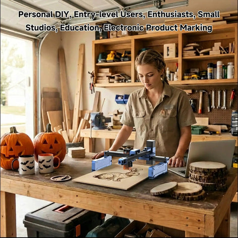 Person using Foldable 7000mW Laser Engraver With 200x150mm Working Area for Wood Leather and Acrylic, Artilume T1 Portable Laser Cutter on a table in workshop