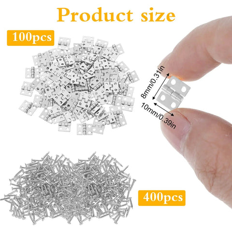 100 Pcs Tiny Silver Hinges For Crafts 10x8mm Mini Hinges with 400 screws shown in hand and pile for jewelry boxes and miniature furniture.
