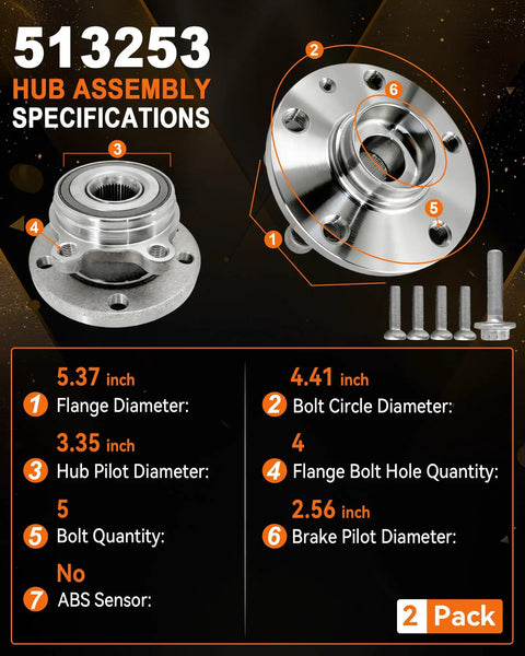 Two Piece Front Wheel Hub Bearing Assembly Compatible With Audi A3 Q3 TT Beetle Jetta CC EOS Golf GTI City Passat R32 Rabbit Tiguan 09 17 2018 Limited No Fuss Drop In image showing specifications and bolts, 2 Pack