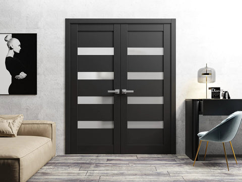 Two Door Double Swing French Interior Doors With Frosted Glass, Matte Black Finish, MDF Frame, Hardware Included For Easy Install