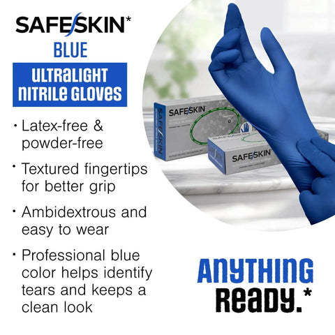 Ultralight Nitrile Gloves 2.0 Mil Blue Large 100 Count Powder Free Latex Free with packaging and glove-in-use display.