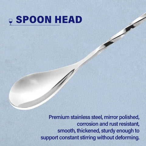 Close-up of 12 inch stainless steel bar spoon head with mirror polished 18/8 handle for cocktails and precise mixing.