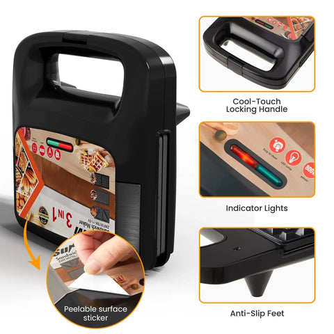 3 In 1 Waffle, Grill And Sandwich Maker With Removable Nonstick Plates, Indicator Lights, 800W Power, Compact Black, close-up