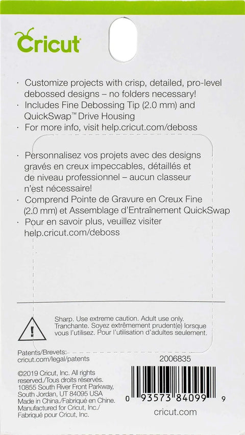 Back packaging of Fine Debossing Tip With QuickSwap Housing For Cricut Maker with instructions and barcode.