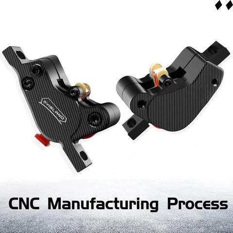 Angled front view of DYISLAND LD-200 2-piston hydraulic disc brake calipers for e-bike, black pair with mounting hardware.