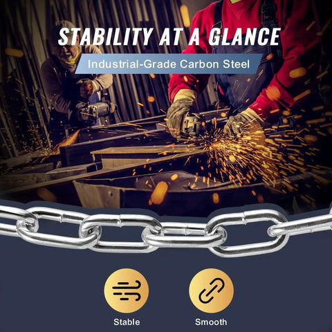 Two workers grinding metal, with sparks flying, above an image of a Grade 30 Chain Three Sixteenth Inch 100 Ft Zinc Plated For Towing Guard Rails