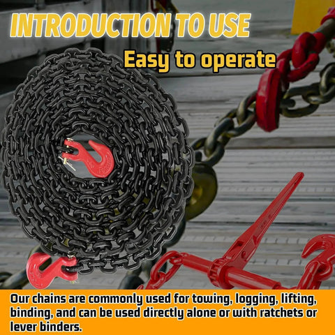 Coiled One Quarter Inch Log Chain, Twenty Foot Heavy Duty G80 Chain With G70 Clevis Grab Hooks, EP Black, 3300 Lbs Safety Load