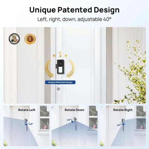 No Drill Doorbell Mount Anti Theft Holder For Video Doorbells With 3 Way Adjustable Base Left Right Down And 40 Degree Rotation Keeps Camera Clear While Securing Your Doorbell For Apartment Security with rotation directions.