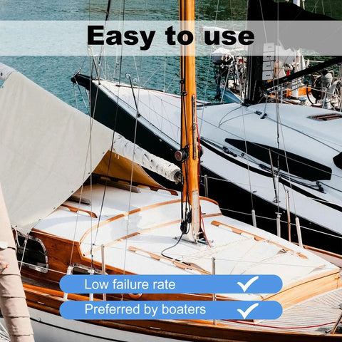 Image of a sailboat docked with text highlighting easy use, low failure rate, and preference by boaters, showcasing marine suitability.