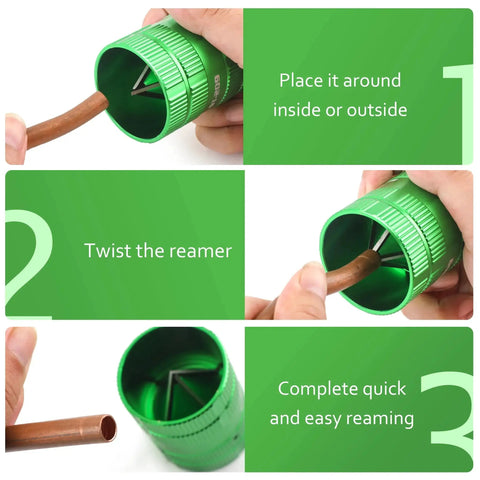Step-by-step use of Ultimate Pipe Deburring And Chamfer Reamer Tool For Copper PVC PPR Brass Aluminum And More, Easy Grip Green Finish