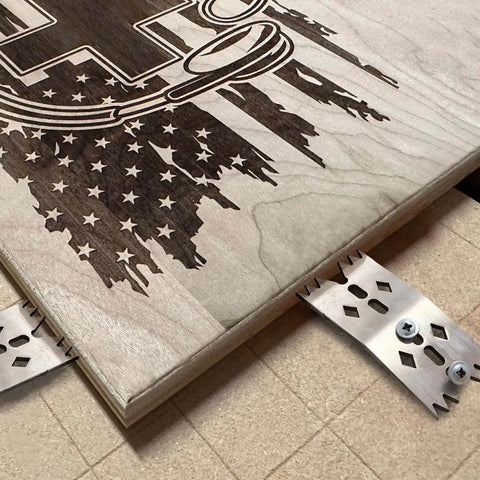 Six Piece Slab Clamping Dogs Set For Woodworking Tools, Pinch Dogs Router Sled For Flattening Slabs in use with wooden panel.