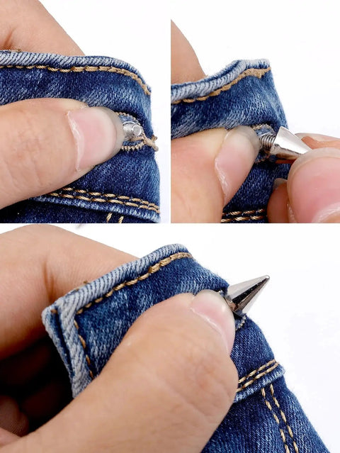 Screw Back Studs And Spikes Rivets For Metal Punk Clothes Shoes Bags Leather being installed on denim fabric close-up