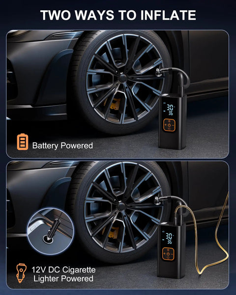 Portable Tire Inflator With 180 PSI Digital Gauge For Cars, Motorcycles, Bikes, And Balls, 12V DC Power, LED Light, Fast 6X Inflation, Compact Air Compressor in use with both battery and cigarette lighter power options.