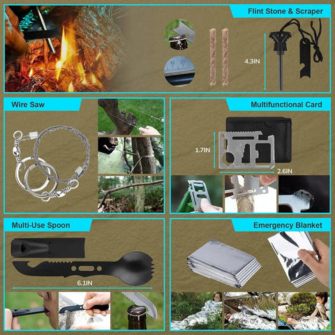 Collage showing tools from 251 Piece Emergency Survival Kit With Crossbody Bag including flint scraper, wire saw, multifunctional card, spoon, and blanket.