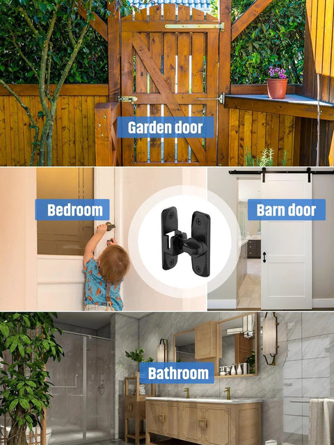 Image showing the 90/180 Degree Flip Barn Door Lock Set for Privacy installed on garden doors, bedroom doors, barn doors, and bathroom doors.