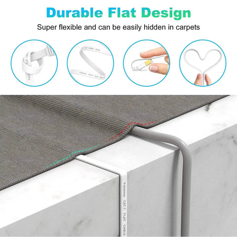 Flat Cat6e Ethernet Cable 25 Ft High Speed Patch Cord With RJ45 Connectors for router modem, shown in neat cable management under carpet