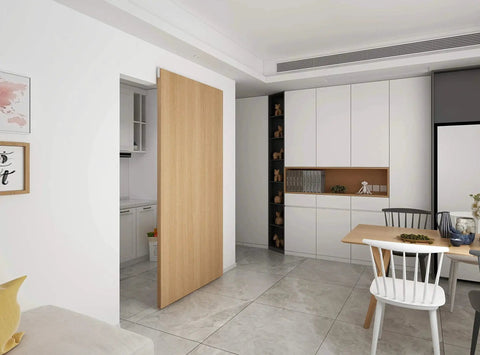 Concealed Sliding Door Hardware Kit With Soft Close And Floor Rail, Lightweight Hidden Track Wall Mount System For Opening Width Up To 30 Inches, 38 Inch Track Length, No Door Included, For Modern Minimalist Interiors installed in living room