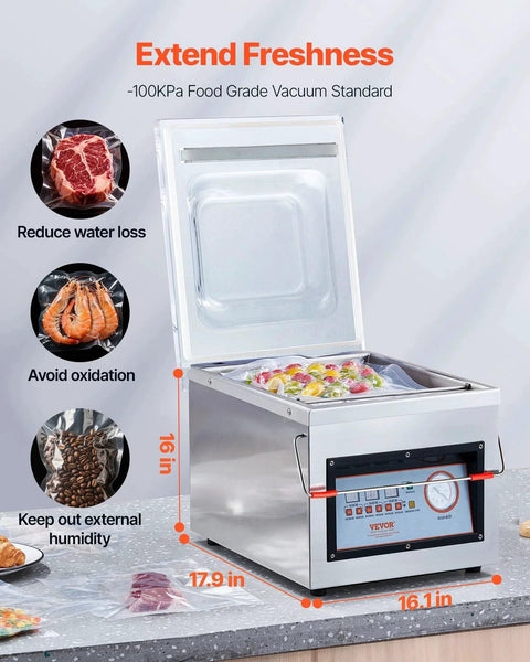 Chamber Vacuum Sealer For Wet Foods And Meats Powerhouse 320W Sealing, 100KPa Quick Vacuum, Marinades Keep Fresh In The Freezer, 12.6 Inch Seal Length, Compact Home Kitchen And Light Commercial Use, front view on countertop.