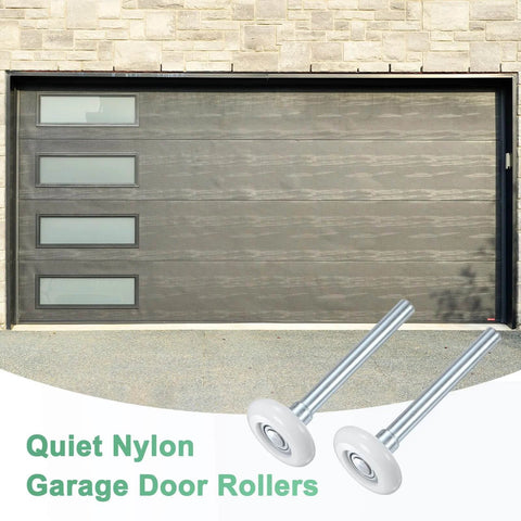 6 Pack Nylon Garage Door Rollers Replacement Kit Beefed Up Quiet 1.8 Inch Wheels With 4.3 Inch Stems shown in front of garage door