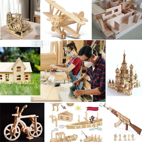 5 Pack 12 By 12 By One Eighth Inch Basswood Sheets For Crafts And DIY Projects Soft Grain Unfinished Wood Boards shown in various DIY creations like models and structures.