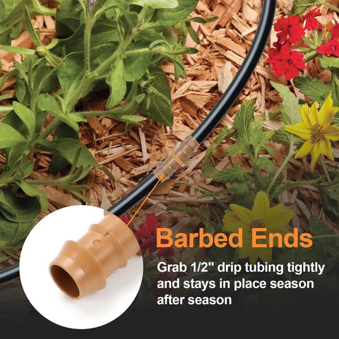 Copadri 25-piece drip irrigation fittings, 1/2" barbed couplers for 5/8" tubing; black tubing with tan connectors