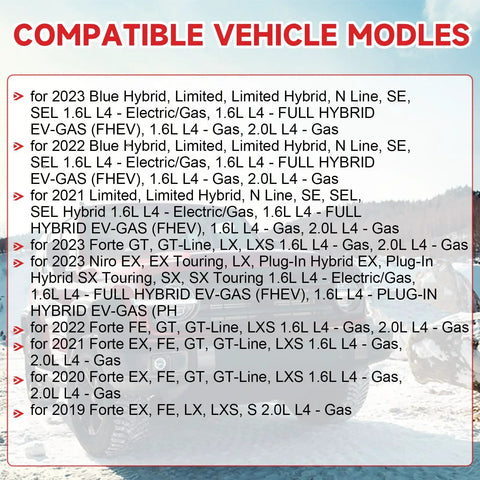Compatible vehicle models list for cars including Forte, Niro, Sonata, and Blue Hybrid with model and engine details