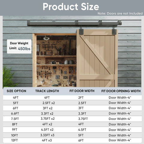 8ft Box Rail Exterior Barn Door Hardware Kit Heavy Duty Black Sliding Track System With Chart of Size Options and Track Lengths