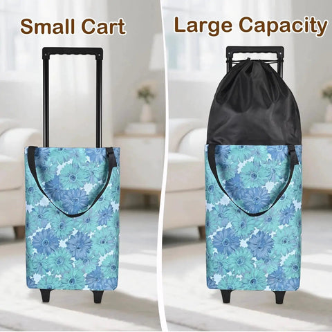 Collapsible Shopping Cart With Wheels Expandable Portable Waterproof Tote showing small cart and expanded large capacity