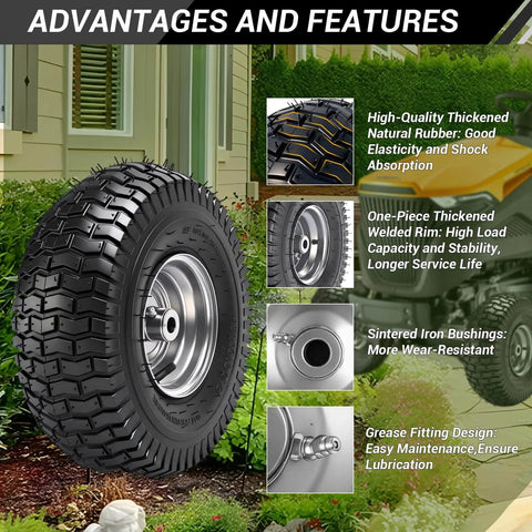 Two Pack Front Lawn Mower Tire And Wheel Assembly For Riding Mowers 15X6.00-6 Fits John Deere Craftsman Husqvarna displayed in garden