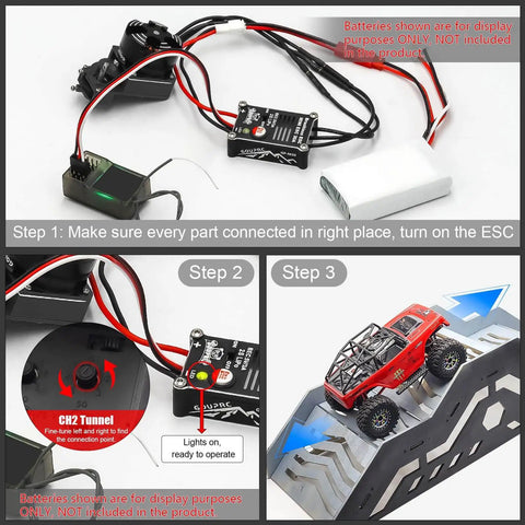 Racing RC Transmitter With 8 Channels 2.4GHz And Receiver Plus Beefed Up 2204 2400KV Brushless Outrunner Motor And 30A Brushless ESC for SCX24 Axial 1/24 RC Car Crawler Black, installation steps with wiring and RC car climbing ramp
