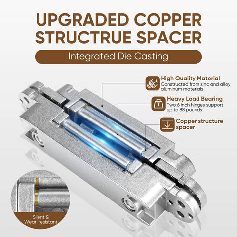 Close-up of hidden door hinges set two pack six inch three way adjustable invisible hinges with 180 degree swing heavy duty concealed hinges load bearing up to 88 lbs silver finish for hidden doors and feature walls showing copper spacer.