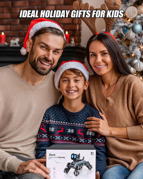 Family with Christmas hats holding Interactive Robot Dog RC Stunt Car With Gesture Sensing And 2 4Ghz Remote Mecanum Wheels gift.