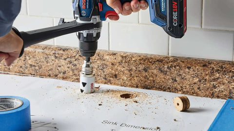Two And A Quarter Inch Bi Metal T Slot Hole Saw With Eight Percent Cobalt M42 Alloy in use on countertop.