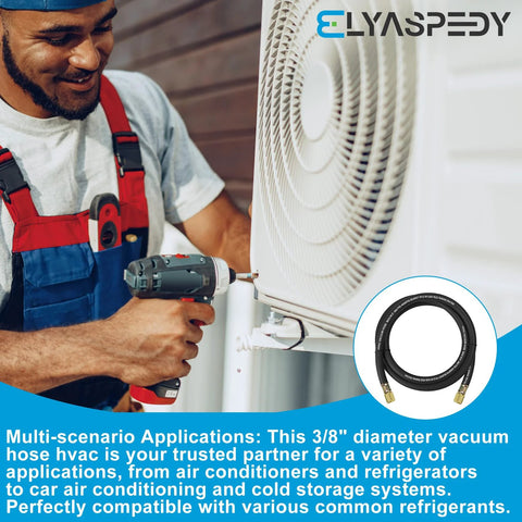 3/8-inch vacuum hose, 5 ft, black with 3/8 x 3/8 fittings for refrigeration/AC; ELYASPEEDY logo visible near unit.