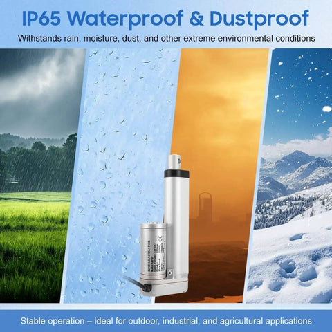 Electric Linear Actuator 1500N 12V DC with IP65 rating; shown under diverse weather conditions, ideal for outdoor devices.