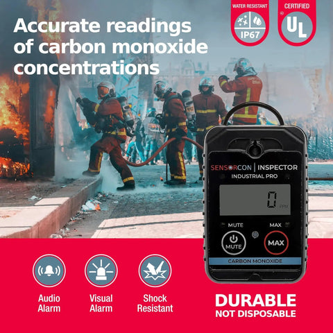 Industrial Pro Portable Carbon Monoxide Detector With Intrinsically Safe INS2 CO 03 Sensor, firefighters in background.