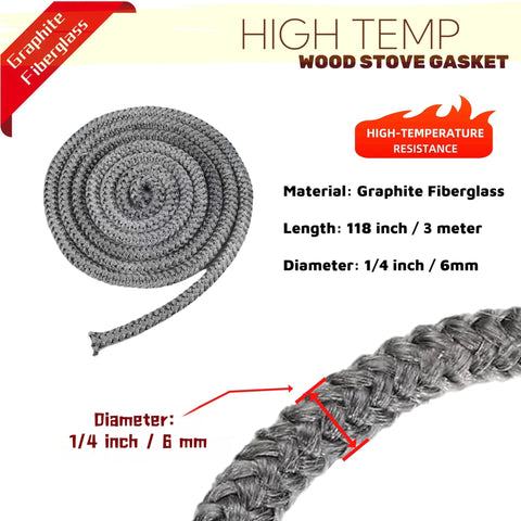 Graphite fiberglass wood stove gasket rope, 1/4 in diameter, 118 in length, braided seal for wood stoves