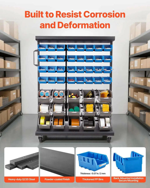 Seven Tier Double Sided Rolling Bin Storage Rack With Ninety Four Plastic Bins On Wheels in a workshop setting
