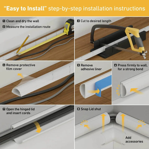 Installation steps for 157 Inch Cord Cover Kit Easy Peel And Stick Self Adhesive Wire Hiders Paintable Cable Raceway