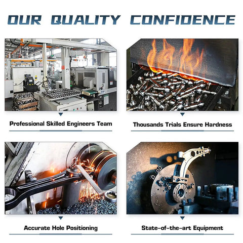 Images showcasing professional engineering team, equipment, metal hardening by fire, precision machining for control arm production.