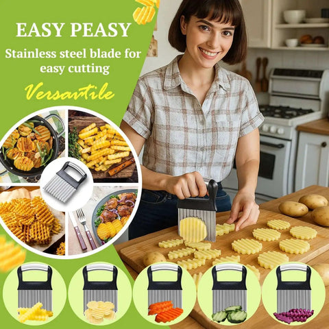 Woman using Crinkle Cutter for Veggies and Potatoes With Waffle Fry Style Wave Blade for Easy Slicing by FANTEXY in kitchen