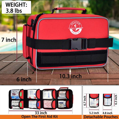 Essential 418 Piece First Aid Kit showing dimensions, red tear-resistant case, and detachable pouches for home and travel emergencies.