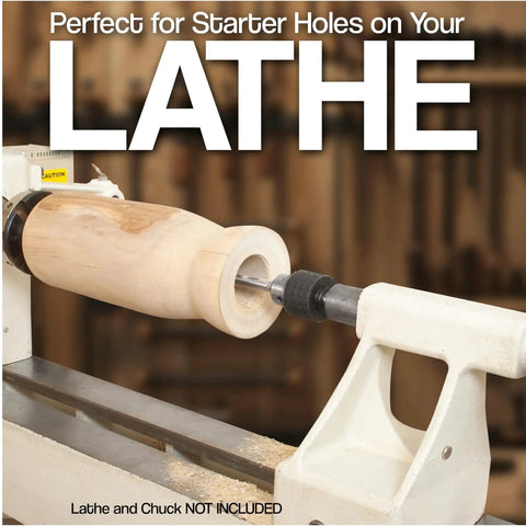 Lathe in use with wood piece, not including chuck, suitable for starter holes, highlighting drill bit extensions for lathes.